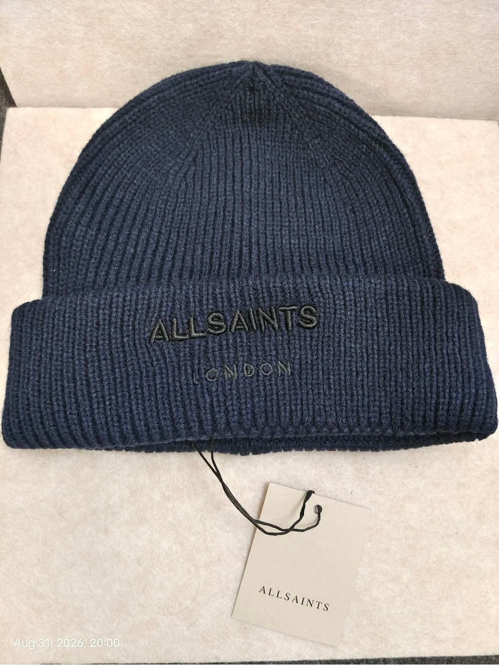 NWT AllSaints Deep Water Blue Ribbed &Cuffed Knit Beanie Embroidered Logo OS $69